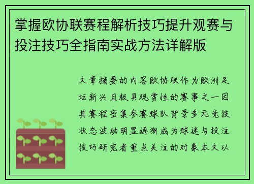 掌握欧协联赛程解析技巧提升观赛与投注技巧全指南实战方法详解版