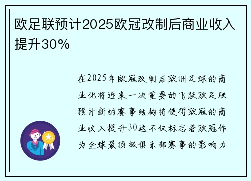 欧足联预计2025欧冠改制后商业收入提升30% 欧足联预计2025欧冠改制后商业收入提升30%